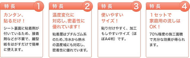 特長(１)カンタン、貼るだけ！特長(２)温度変化に対応し、密着性に優れています！特長(３)使いやすいサイズ！ 特長(４)１セットで家庭用の流しはOK！